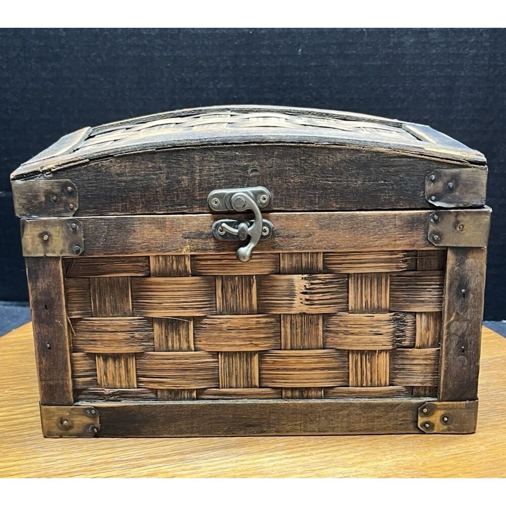 Vintage Woven Metal & Wood Rustic Trinket Chest Hinged Decorative Farmhouse Box